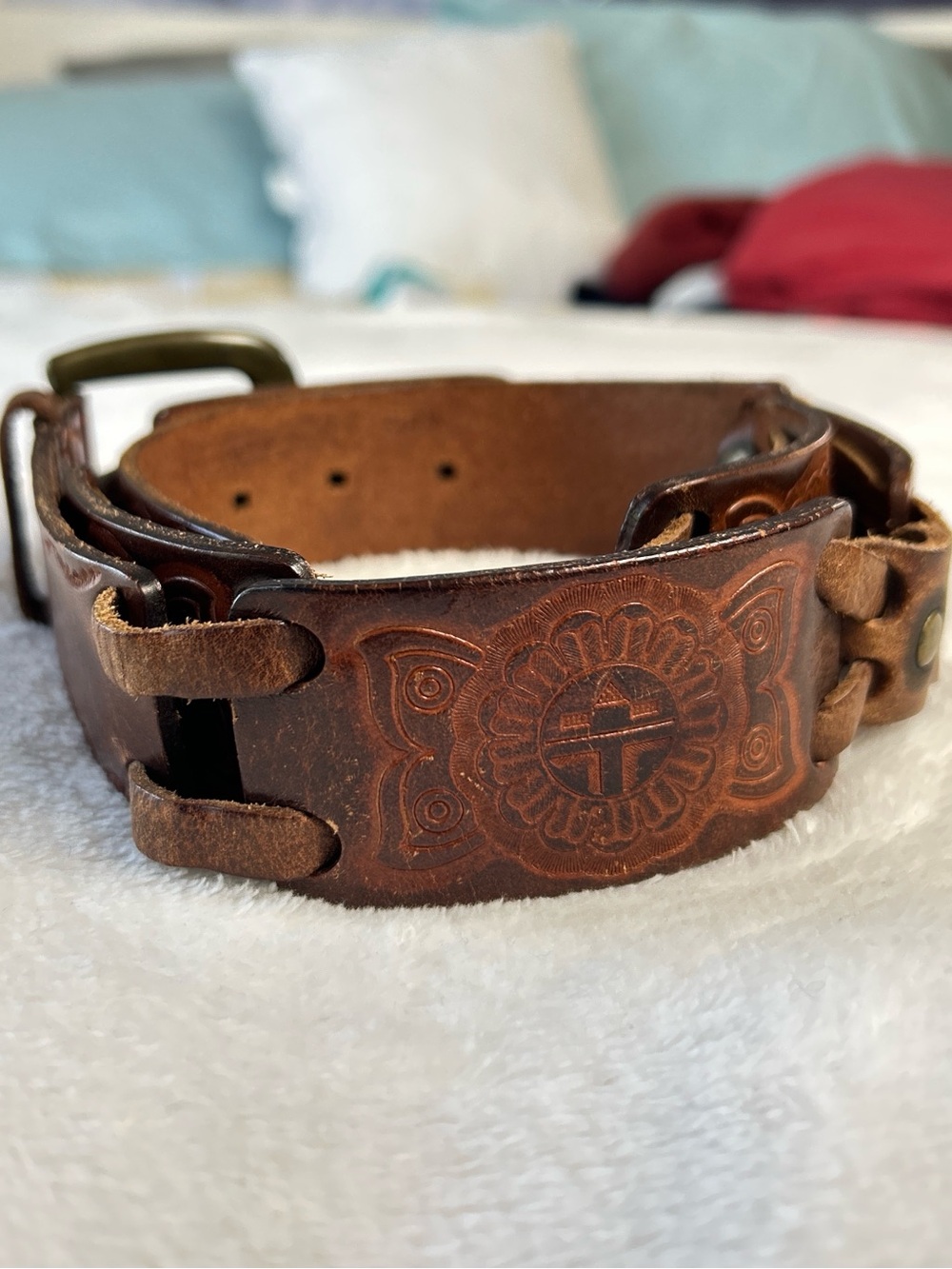 Fossil Tooled Leather Link Belt Southwestern Boho Large Size 34-38" - Picture 7 of 10